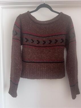 Boston Proper Brown Patterned Crew Sweater with Red Accents